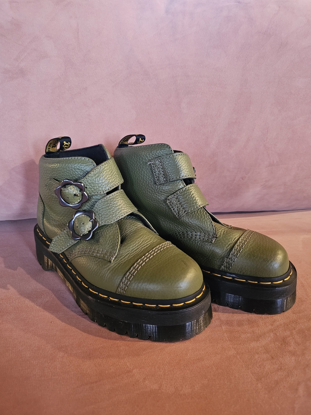 Dr. Martens Devon Flower Boots- Olive Green Leather Buckle Platform Ankle Boots